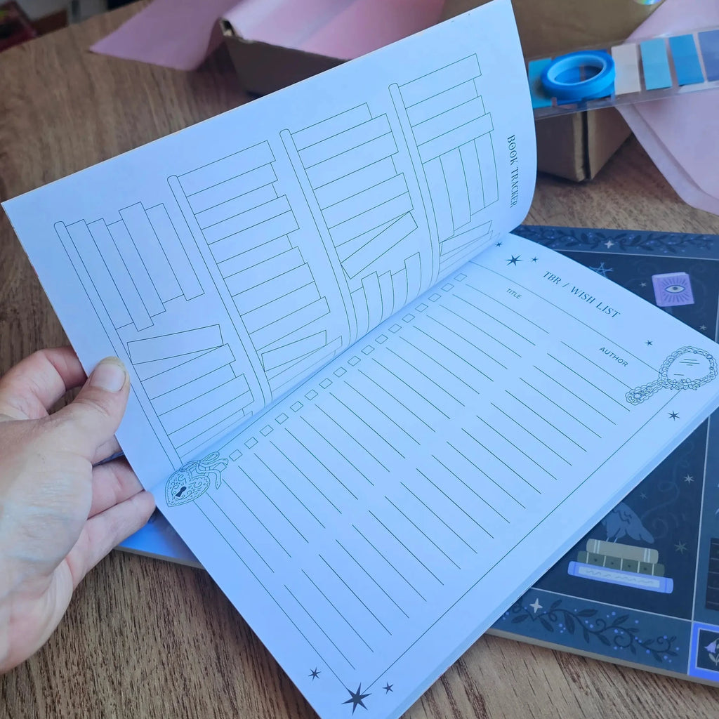 Inside pages of the Book Reviewer Bundle Reading Journal showing a book tracker spread and TBR wish list page with star rating sections