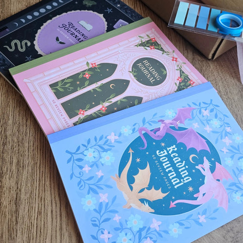 Selection of Reading Journal covers from the Book Reviewer Bundle including fantasy dragon, dark academia, and fairytale designs with highlighter tape and annotation page tabs.