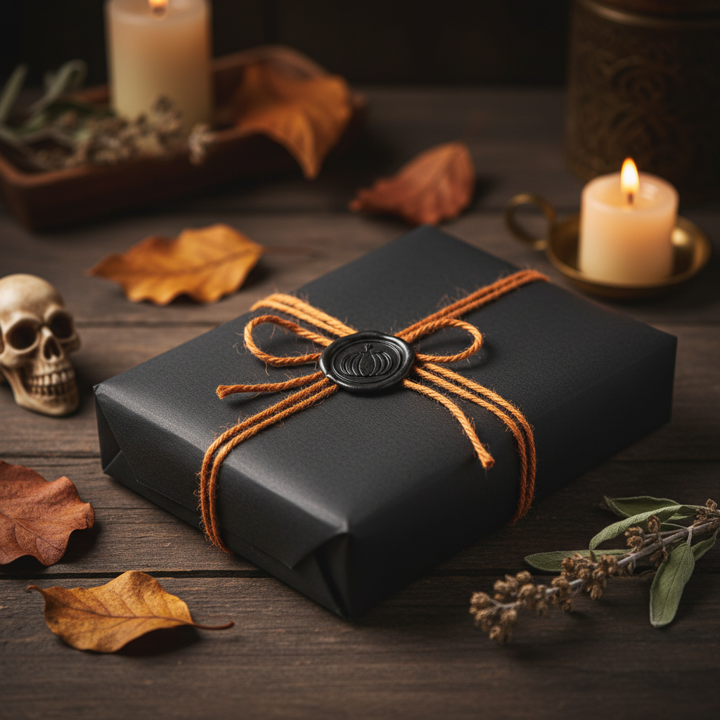 A black gift box wrapped with a rustic orange-brown twine bow and sealed with a black wax seal, styled on a dark wooden surface with candles, dried leaves, a small skull, and sprigs of lavender.