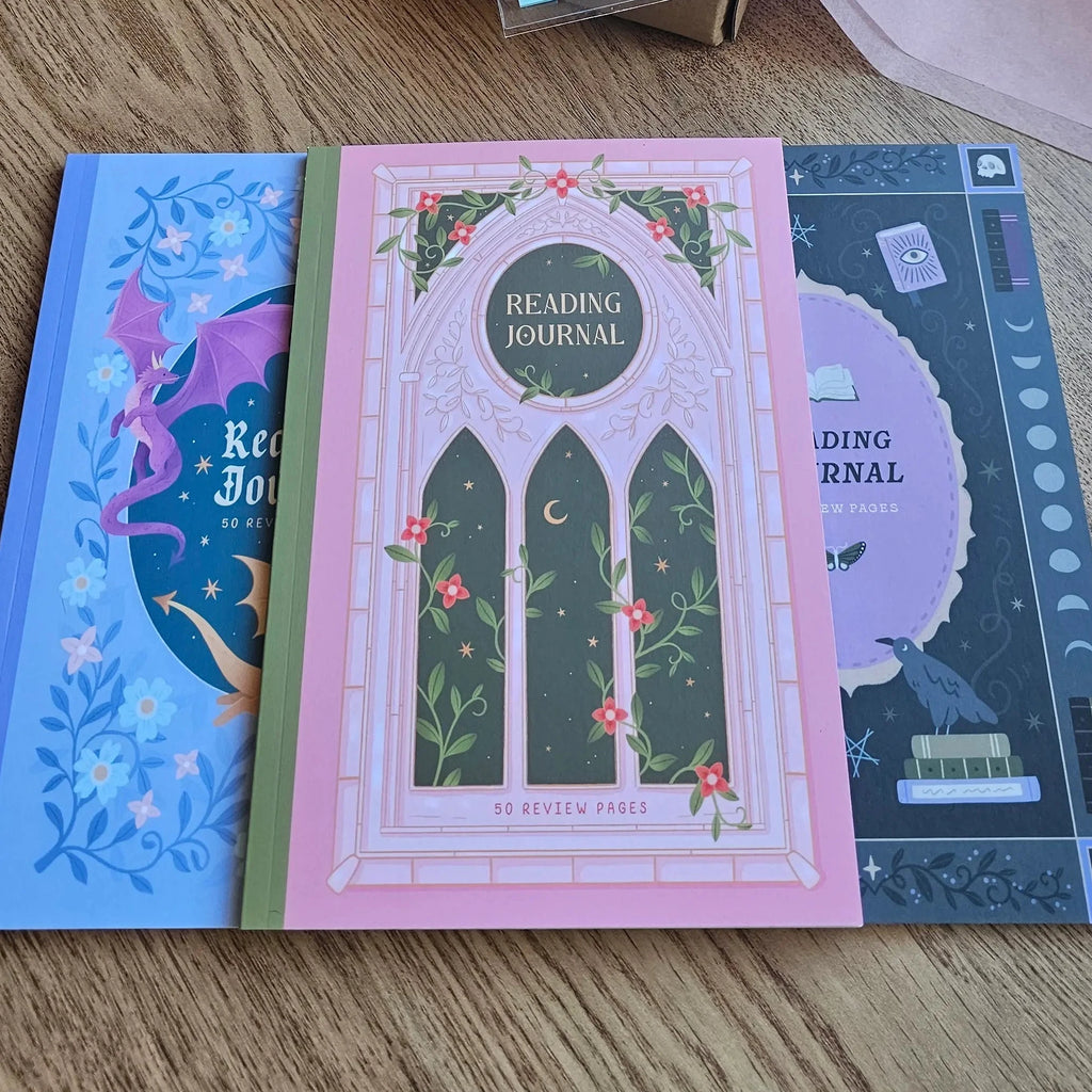 Spread Those Pages Book Reviewer Bundle with pink Fairytale Reading Journal, Fantasy Romance blind date book box, blue annotation tabs and washi tape