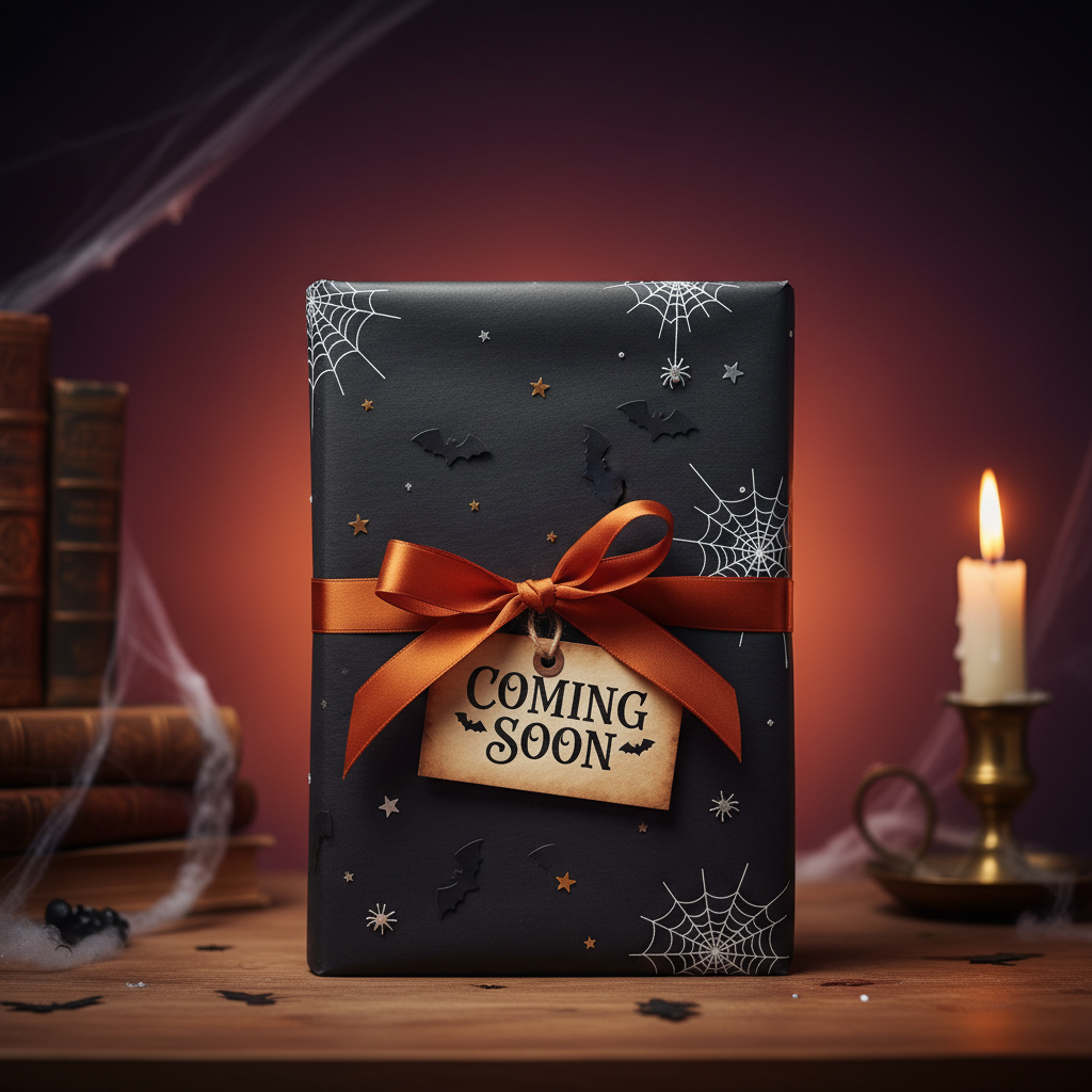 A wrapped gift box with a black Halloween-themed pattern, featuring a brown ribbon and a hanging tag that reads 'COMING SOON,' set on a wooden table with a lit candle and books in the background.