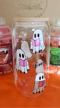 "Ghosty Reader glass tumbler featuring cute white ghosts reading pink books with Boo text and star details"